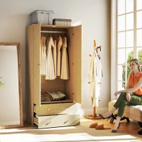 HOMCOM Modern Wardrobe Closet Armoire with 2 Drawers and Hanging Rod, Clothes Storage Organizer for Bedroom, Natural Wood(m-8)