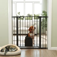 PawHut 30"-41" Extra Wide Pet Gate Barrier with Small Door, 35"H Dog Gate with Safety Gate Barrier, Stair Pressure Fit, Black(m-8)