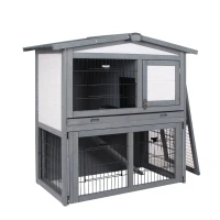 PawHut Wooden 2 Story Rabbit Hutch Bunny Cage with Slide-Out Run, Openable Roof, Lockable Doors, Ramp and No Leak Tray for Outdoor, Grey, and White(m-11)