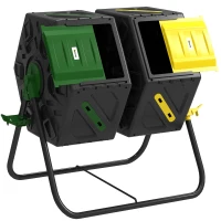 Outsunny Rotating Composter, Dual Chamber Compost Bin with 24 Vents and Steel Legs, 34.5 Gallon, Yellow and Green(m-9)