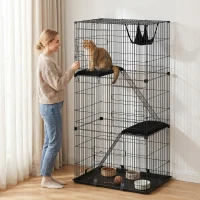 PawHut 3-Tier Cat Cage Indoor, Detachable Metal Wire Kennel withwith Hammock, Platform, Tray and Cushion for 1-2 Kittens(m-1)
