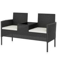 Outsunny Patio Furniture w/ Mid-Table PE Rattan Loveseat w/ Cushion, Cream White(m-2)