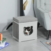 PawHut Wooden Cat Bed Cube House with Soft Padded Cushions, 2 Exterior Scratching Boards, & Interior Space, Grey(m-2)