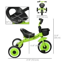 Qaba Tricycle for Toddler 2-5 Year Old Girls and Boys, Toddler Trike with Adjustable Seat, Basket, Bell, Green(m-3)