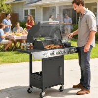 Outsunny 3 Burner Propane Gas Grill with Side Burner, 36,000 BTU BBQ Grill with Cast Iron Grates, Wheels, Warming Rack, Cabinet(m-8)
