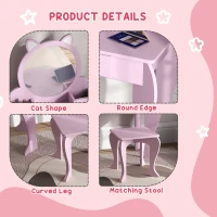 Qaba Makeup Vanity with Mirror and Stool, Cat Design, Drawer, Storage Boxes, for 3-6 Years Old, Pink(m-7)