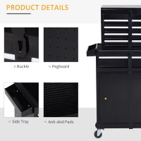 DURHAND Rolling Tool Cabinet 2 in 1 Top Chest Storage Box 5 Drawers with Pegboard and Adjustable Shelf, Black(m-10)