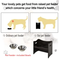 PawHut Raised Pet Food Elevated Feeder with 2 Stainless Steel Bowls, 3 Levels Adjustable Height Levels, and Wood Finish(m-6)