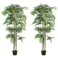 Outsunny 6FT Artificial Bamboo Tree Set of 2, Fake Plant with 1530 Leaves, Greenery Plant in Nursery Pot for Indoor, Green(m-9)