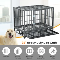 PawHut 36" Heavy Duty Dog Crate Metal Cage Kennel with Lockable Wheels, Double Door and Removable Tray, Gray(m-14)