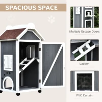 PawHut 43"H Wooden Cat House Outdoor with Hammock, Weatherproof 3-Floor Feral Cat Shelter with Escape Doors, Asphalt Roof, Inside Ladders, Gray(m-7)