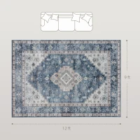 HOMCOM 9x12 Area Rug, Vintage Machine Washable Rug, Non-Slip Floor Carpet for Living Room, Bedroom, Dining Room, Blue(m-3)