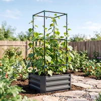 Outsunny Galvanized Planter Box, 24" x 24" x 55" Raised Garden Bed with Tomato Cage for Climbing Vines, Dark Gray(m-10)