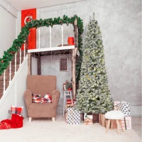 HOMCOM 9 Feet Prelit Artificial Snow Flocked Pencil Christmas Tree, Slim Xmas Tree with Warm White LED Light, Holiday Home Xmas Decoration, Green(m-8)