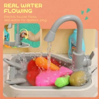 Qaba Play Kitchen Set, Kids Kitchen Playset with Real Lights and Sounds, Sink, Stove, Clock, Accessories, Pink(m-5)