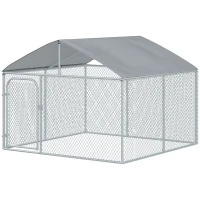 PawHut 7.5' x 7.5' x 5.6' Dog Kennel, Outdoor Dog Run with Waterproof, UV Resistant Roof, Lockable Door for Large-Sized Dogs, Silver(m-11)