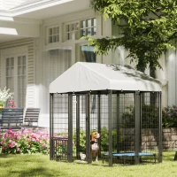 PawHut Outdoor Dog Kennel with Waterproof UV-Resistant Cover, Rotating & 4-Level Adjustable Feeding Bowls, 5.9 x 4 x 6 ft(m-8)