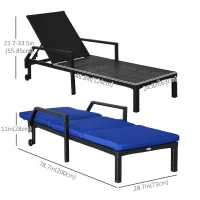 Outsunny Wicker Chaise Lounger PE Rattan Outdoor Lounge Chair Garden Chair Recliner with 5-Level Adjustable Backrest and 2 Wheels, Dark Blue(m-3)