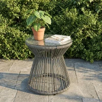 Outsunny Round End Table, Rattan Side Table, Hollow Drum Design Coffee Table w/ Glass Top for Patio, Garden, Balcony, Dark Grey(m-7)