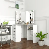 HOMCOM Makeup Vanity Desk with 3-Panel Mirror and 10 LED Lights, Dressing Table with 5 Drawers and Shelves for Bedroom, White(m-8)