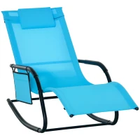 Outsunny Patio Rocking Chair with Mesh Fabric, Outdoor Rocking Sling Sun Lounger with Removable Headrest and Side Pocket for Garden, Deck, Lawn, Dark Blue(m-2)