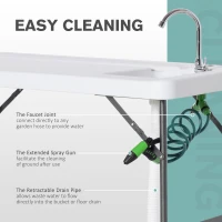 Outsunny Folding Table Fish Table Cleaning Wash Table with Sink, Faucet and Spray Cleaner for BBQ Camping Picnic Garden 45"x23"x37" White(m-5)