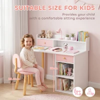 Qaba Kids Study Table and Chair Set, Kids Desk and Chair Set w/ Storage and Shelves, for 3-8 Year Old, Pink(m-6)