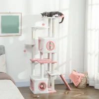 PawHut 65 Inch Cat Tree with 2 Doors Condos, Plush Top Perch, Hammock, Sisal Scratching Posts, 4 Pompoms, Ramp, White(m-1)