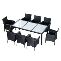 Outsunny 9pcs Garden Rattan Dining Set Patio Wicker Furniture 8 Armchair 1 Table Cushioned Seat Outdoor All Weather Sectional Black(m-11)