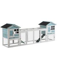 PawHut 102" 2 in 1 Wooden Rabbit Hutch Double Main House Pet Playpen Large Bunny House Enclosure for Indoor Outdoor with Run Box, Slide-out Tray, Ramp, for Rabbits and Small Animals, Blue(m-2)