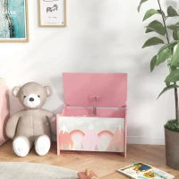 Qaba Toy Box, Kids Storage Chest with Lid, Safety Hinges and Groove Handles, Toy Storage Organizer with Rainbow Pattern for Boys, Girls, Pink(m-8)