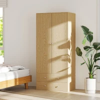 HOMCOM Modern Wardrobe Closet Armoire with 2 Drawers and Hanging Rod, Clothes Storage Organizer for Bedroom, Natural Wood(m-7)