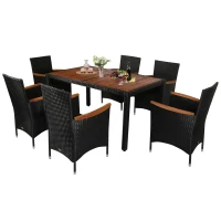 Outsunny 7 Pieces Wicker Patio Dining Set Outdoor Furniture Set with Removable Cushions, Acacia Wood Top Dining Table, PE Rattan Conversation Set for Garden Poolside, Black(m-2)