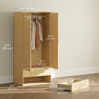 HOMCOM Modern Wardrobe Closet Armoire with 2 Drawers and Hanging Rod, Clothes Storage Organizer for Bedroom, Natural Wood(m-3)