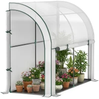 Outsunny Walk-in Lean-to Greenhouse, Outdoor Gardening Green House with Zipper Roll-up Doors and Window, 7' x 3' x 5', White(m-9)