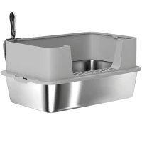 PawHut Stainless Steel Litter Box, XL High Sided Cat Litter Box with Scoop, Anti Leakage & Easy to Clean, 24" x 16" x 12", Grey(m-2)