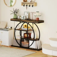 HOMCOM 4-Tier Entryway Table with Charging Station LED Lights 39" Console Table with Circle Base for Living Room, Rustic Brown(m-8)
