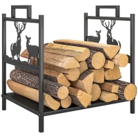 Outsunny Heavy Duty Log Stand, Firewood Rack Outdoor with Handles, Wood Storage Holder for Fireplace, Black(m-9)
