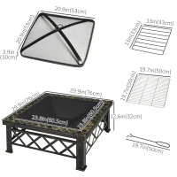 Outsunny Outdoor Steel Square Firepit Square Stove with Spark Screen Cover, Log Grate, Poker, 30" x 30" x 18.5", Black(m-3)