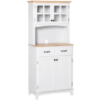 HOMCOM Coastal Style Kitchen Buffet and Hutch Wooden Storage Cabinet with Framed Glass Door  Drawers Microwave Space for Dining Room  Living Room  White(m-2)