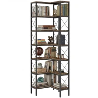 HOMCOM 6-Tier L-Shaped Bookshelf, Freestanding Corner Bookcase with Metal Frame, Rustic Brown(m-2)
