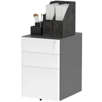 Vinsetto 3 Drawer Filing Cabinet, Home Office Storage Cabinet with Wheels, Lock for A4, Letters, Legal-sized Files, Grey and White(m-2)