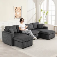 HOMCOM Convertible Sofa Bed, Corduroy U-Shaped Sleeper Sofa Couch with Storage Chaise, Pillows, Spring, Futon Couch, Grey(m-1)