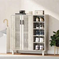 HOMCOM Shoe Storage with Double Doors and Open Shelves 17 Pair Shoe Storage Organizer for Entryway Hallway Light Grey(m-7)