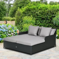 Outsunny Patio Rattan Double Lounge Daybed, Outdoor Wicker Armrests Chaise Lounge for 2-Person with Cushion & Pillow, Grey(m-1)