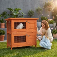 PawHut 2-Tier Wooden Rabbit Hutch Small Animal House Bunny Pet Cage with 2 Main Rooms, Sliding Tray, Opening Top, Yellow(m-1)