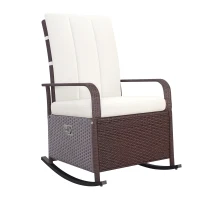 Outsunny Outdoor Wicker Rocking Chair with Cushion, Patio PE Rattan Recliner Chair with Adjustable Footrest, Armrests, Cream White(m-9)