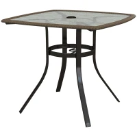 Outsunny 34" Square Outdoor Dining Table, Patio Table with Umbrella Hole, Water-Grain Glass Top Coffee Table for Balcony, Poolside, Dark Brown(m-2)