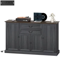 HOMCOM Farmhouse Sideboard with Charging Station and Thickened Top, 58" Buffet Cabinet with 2 Soft-Close Drawers, Black(m-2)