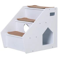 PawHut 3-Step Pet Stairs for Dogs and Cats with Built-in House and Nonslip Carpet, White(m-7)